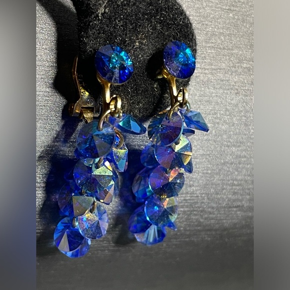 Blue Rivoli Cut Rhinestones Above Blue Dangling AB Discs Clip On Earrings 1968 - Picture 4 of 6